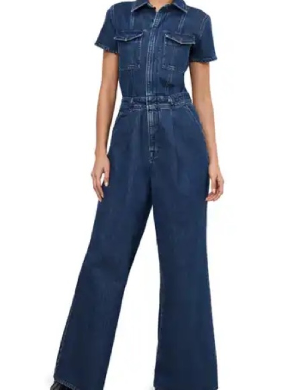 Good American Dark Blue Denim Short-Sleeve Jumpsuit